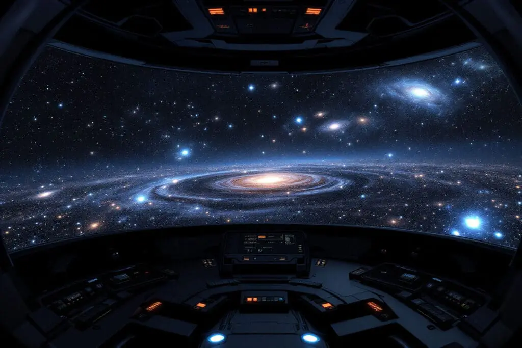 A breathtaking view from a spaceship answering how far does outer space go by showing an infinite boundless expanse filled with countless distant galaxies in every direction