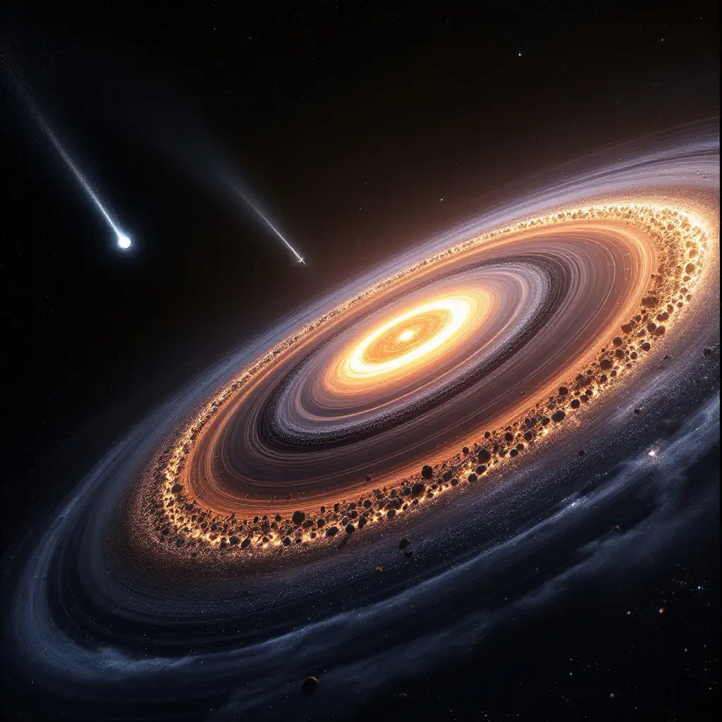 A captivating realistic image of the inner solar system showing a circular asteroid belt and a long parabolic comet trajectory illustrating the trajectory of comets and asteroids