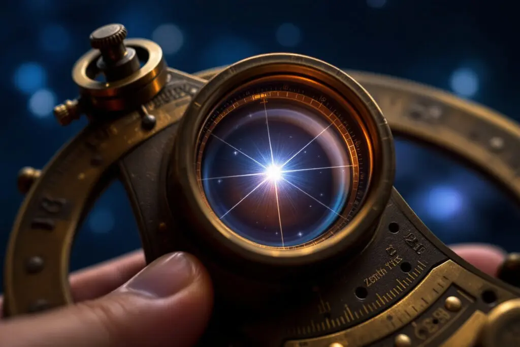 A closeup realistic image of an astrolabe pointing straight up at a centered star demonstrating how to find the zenith A close up realistic image of an astrolabe pointing straight up at a centered star demonstrating how to find the zenith