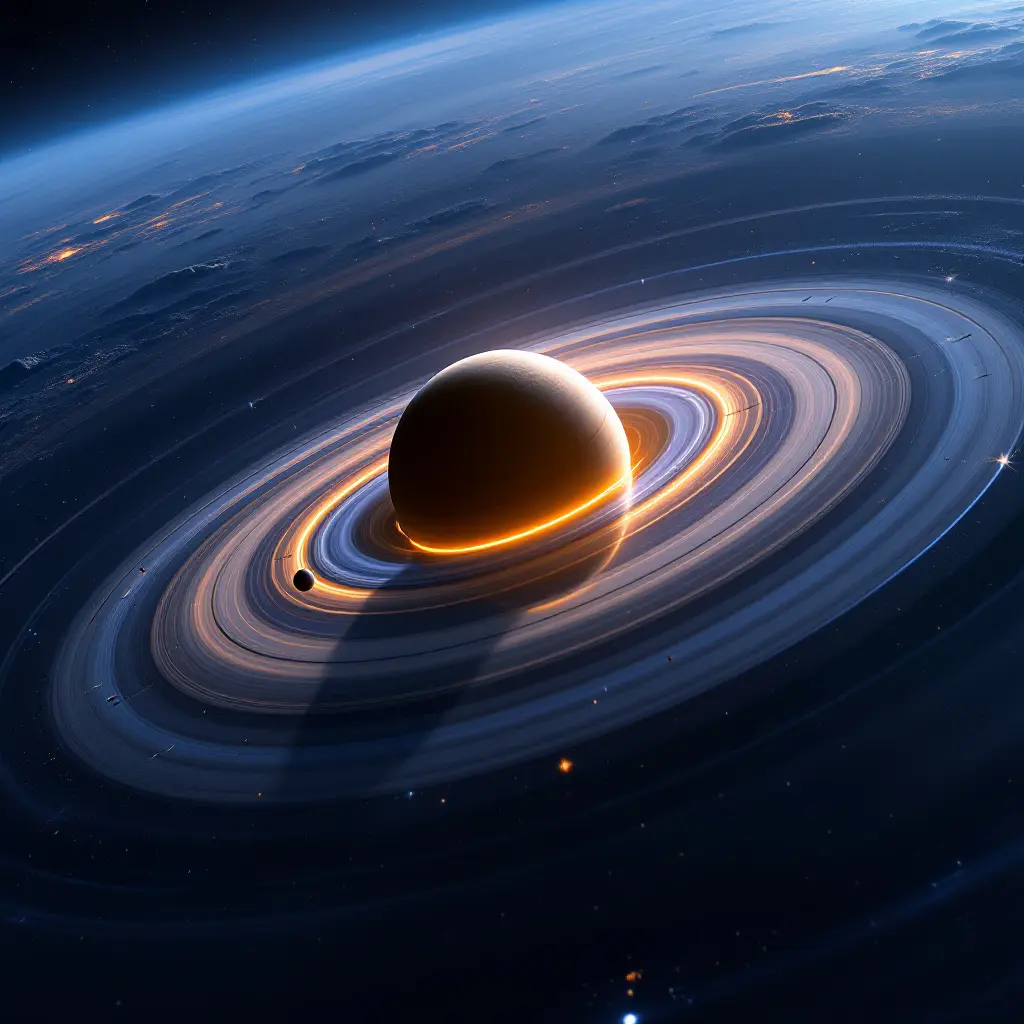 A compelling realistic image of the solar system showing the main planetary plane as a disc with Pluto on a distinct steeply angled orbital path illustrating the orbital inclination of Pluto