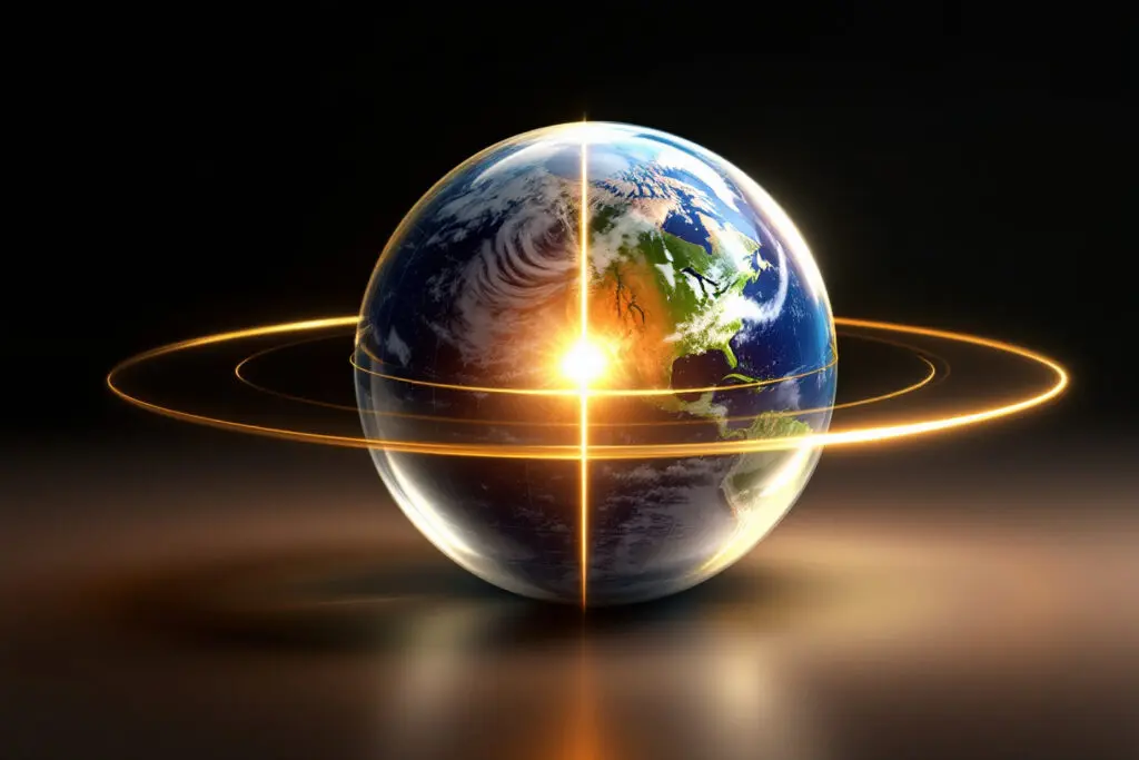 A conceptual image of a rotating Earth model with two orbital markers showing equal illumination from pole to pole demonstrating why an equinox happens twice a year A conceptual image of a rotating Earth model with two orbital markers showing equal illumination from pole to pole demonstrating why an equinox happens twice a year