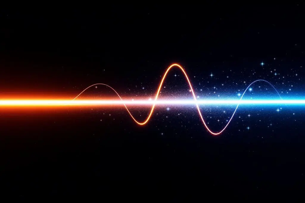 A conceptual image of the true nature of light in space visualizing a light beam as both a continuous wave and a stream of individual photon particles