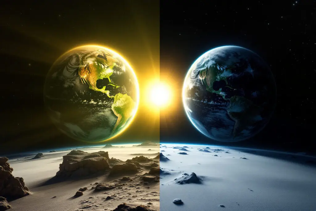 A conceptual image showing the Earth tilted towards the Sun summer and away from the Sun winter demonstrating how a solstice changes the seasons