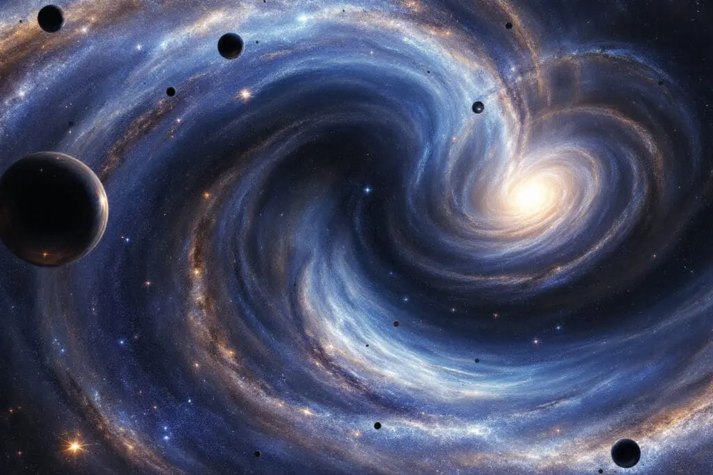 A dramatic photorealistic image answering when does blueshift happen by showing the massive Andromeda Galaxy on a collision course with its light subtly tinted blue