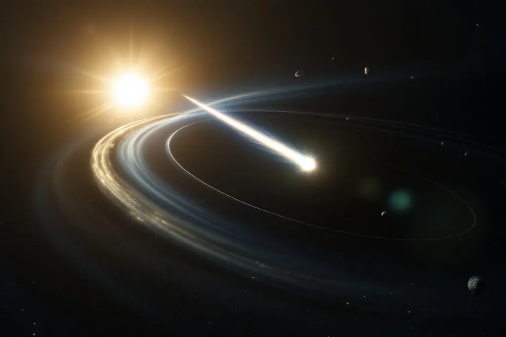 A dramatic realistic image of a comet with a long tail on an extremely elongated path illustrating the trajectory of comets and asteroids through the solar system