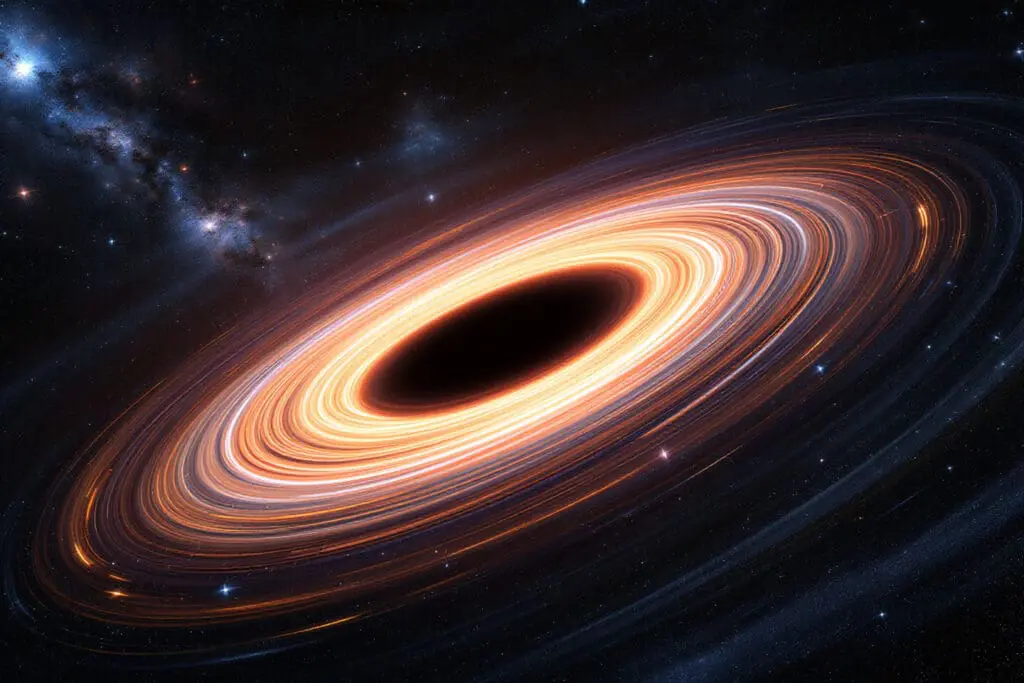 A dramatic realistic image of a supermassive black holes accretion disk with visibly warped and arced background stars showing how gravity shapes the universe