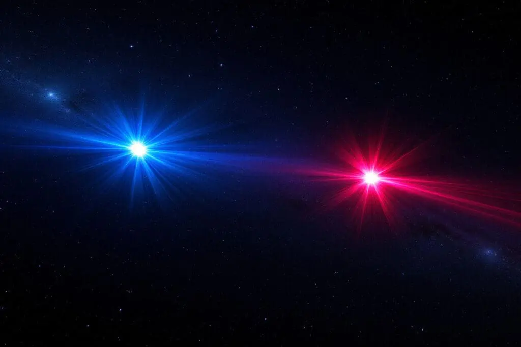 A dynamic realistic space image showing the Doppler Effect with Light in Space a blue star approaches while a red star recedes
