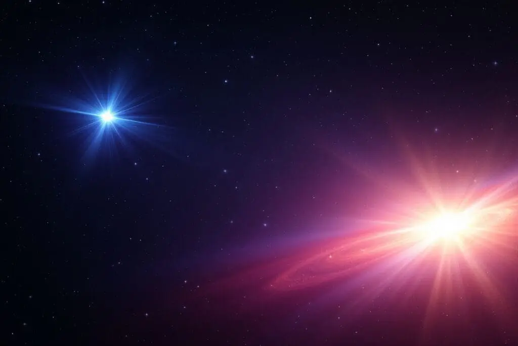 A dynamic realistic space image showing the Doppler Effect with Light in Space with a blue star compressing light as it approaches and a red star stretching light as it recedes