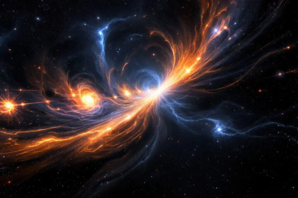 A flowing cosmic image depicting the origin and fate of the universe transitioning from an explosive beginning to a cold dark and sparse future