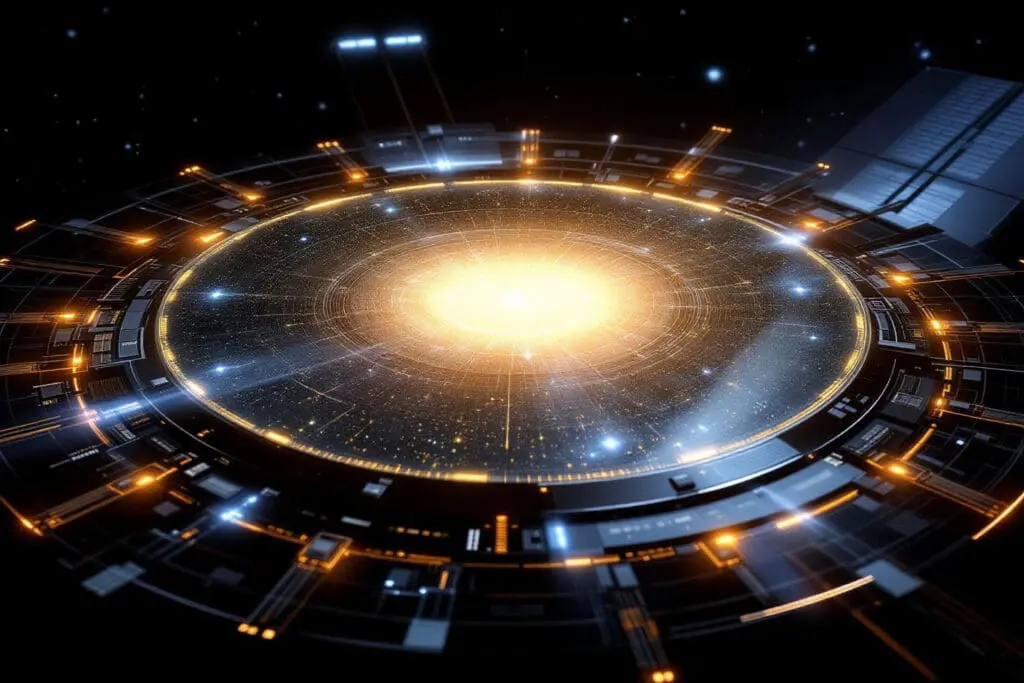 A futuristic image of a space telescopes glowing mirror and sensors illustrating how spectrometry analyzes stars by collecting and processing their light