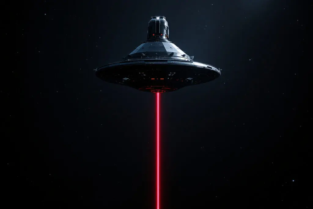 A futuristic space telescope shooting a red alignment laser straight down symbolizing the importance of the nadir in astronomy for orientation