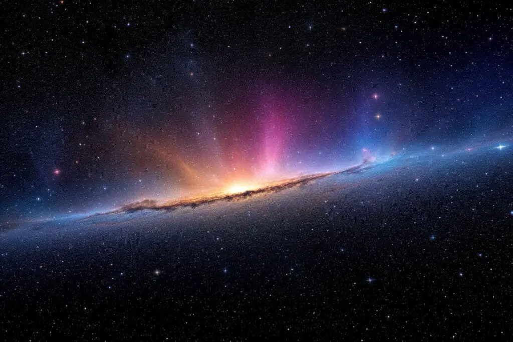 A grand sweeping vista of galaxies that subtly shift from vibrant colors to increasingly red hues with distance illustrating how redshift proves universe expansion