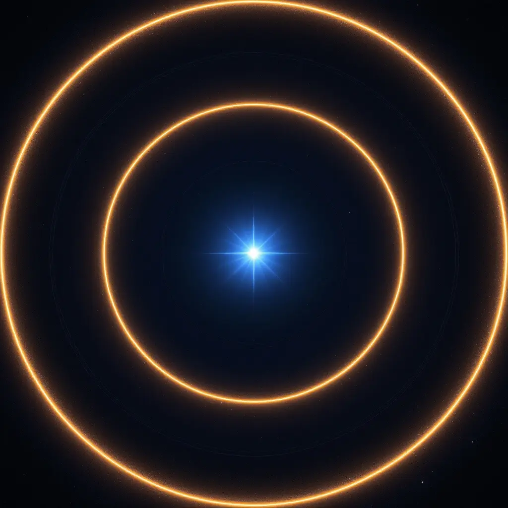 A minimalist realistic image showing three distinct glowing orbitscircular slightly elliptical and highly elongatedaround a star demonstrating how orbital eccentricity shapes orbits