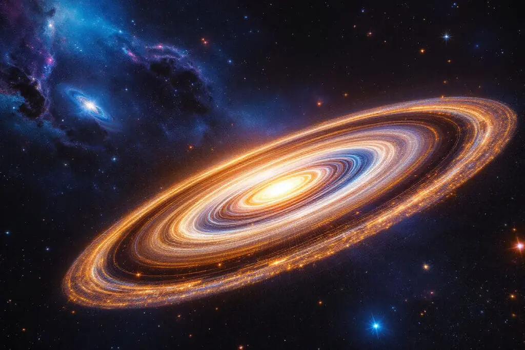 A photorealistic image demonstrating how gravity shapes the universe featuring a massive galaxy cluster causing gravitational lensing that bends distant light into arcs