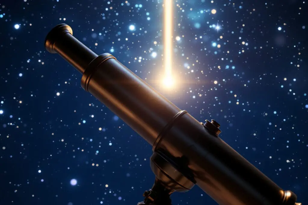 A photorealistic image of an antique telescope pointed at the night sky visualizing how spectrometry analyzes stars by collecting their light
