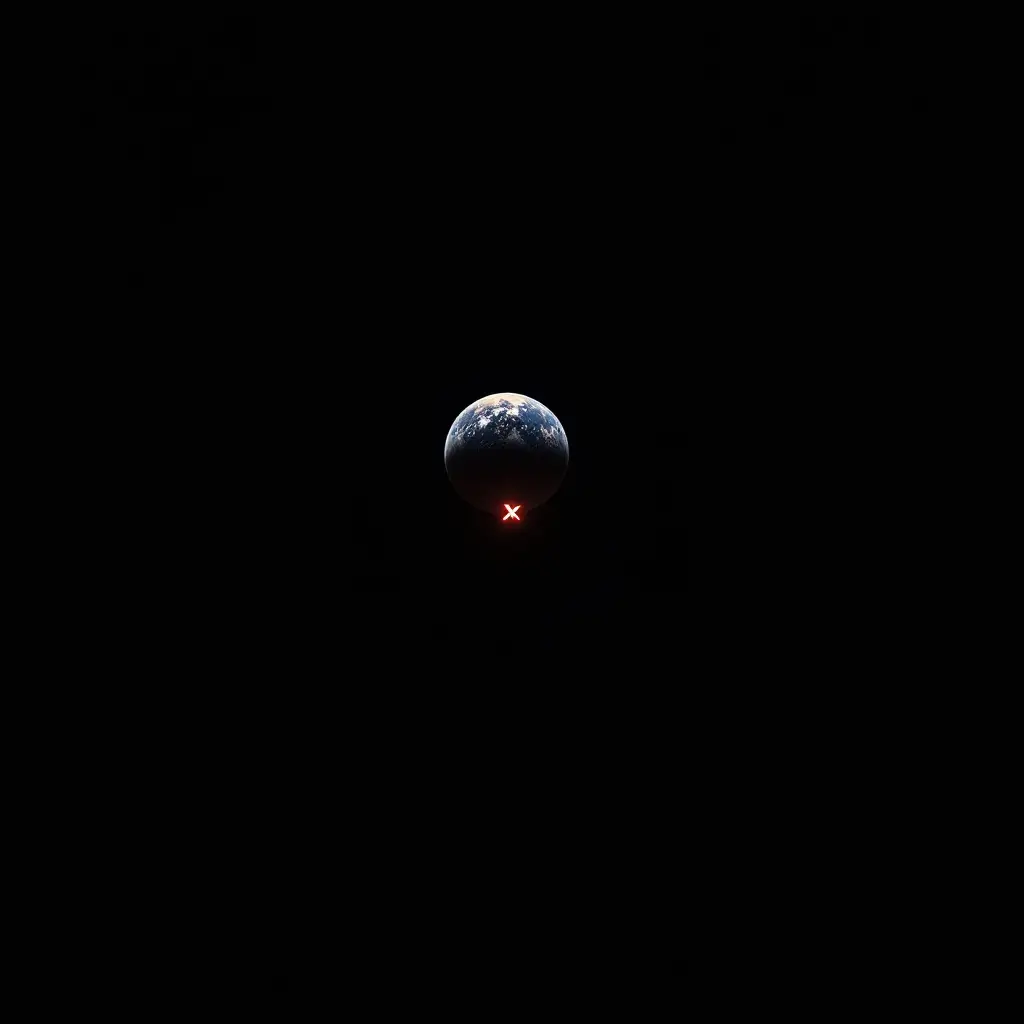 A precise realistic image of the Earth and Moon orbiting a distinct glowing X mark in space visually representing the barycenter of Earth and Moon