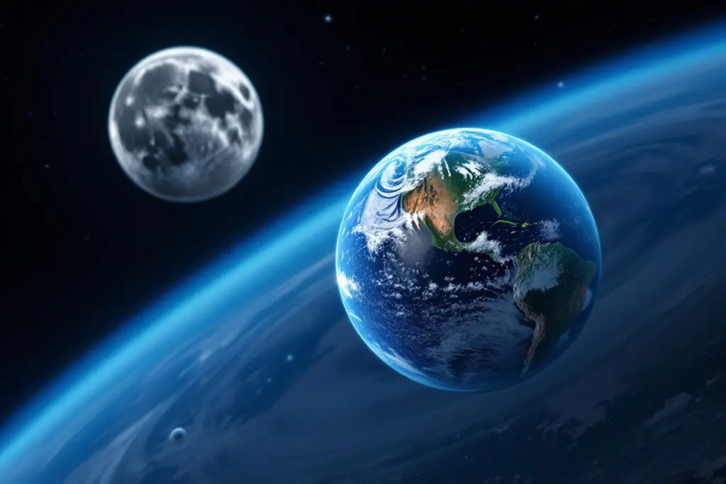 A precise realistic image of the Earth and Moon subtly wobbling around their common center of mass illustrating the barycenter of Earth and Moon