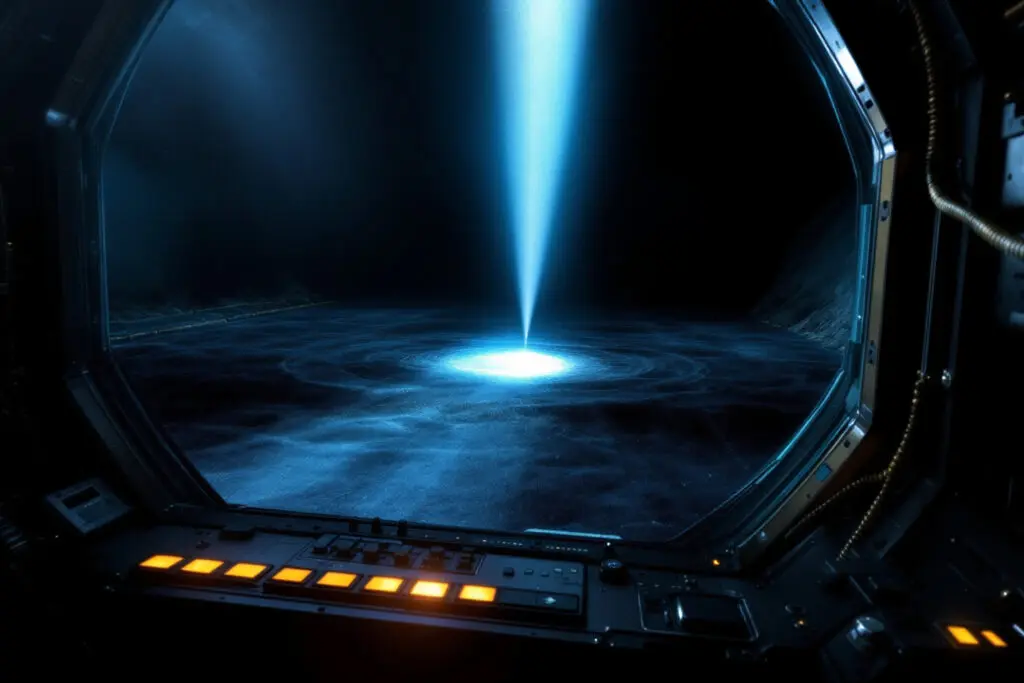 A realistic image from a submersible showing a sonar beam mapping the ocean floor directly below highlighting the importance of the nadir in astronomy for precise orientation A realistic image from a submersible showing a sonar beam mapping the ocean floor directly below highlighting the importance of the nadir in astronomy for precise orientation