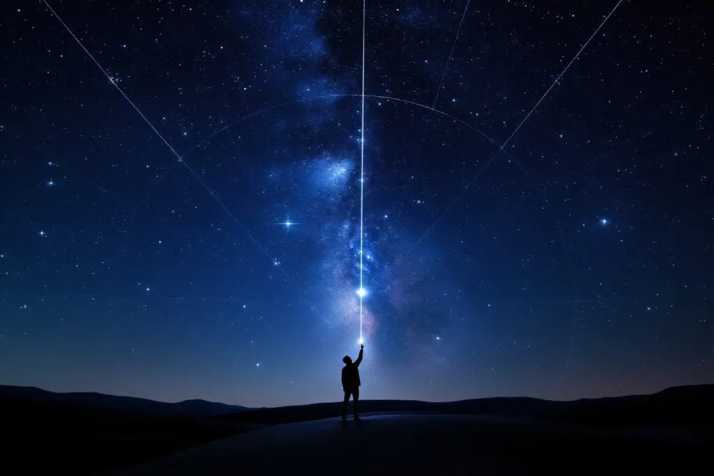 A realistic image of a person tracing a glowing grid on the night sky illustrating how to use the celestial sphere for celestial navigation
