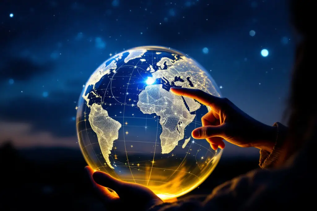 A realistic image of a person using an illuminated globe with a star map to locate stars in the night sky illustrating how to use the celestial sphere A realistic image of a person using an illuminated globe with a star map to locate stars in the night sky illustrating how to use the celestial sphere