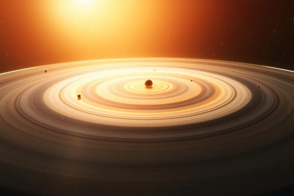 A realistic view of the solar system as a flat disc with planets in aligned orbits visually explaining why planets follow the ecliptic