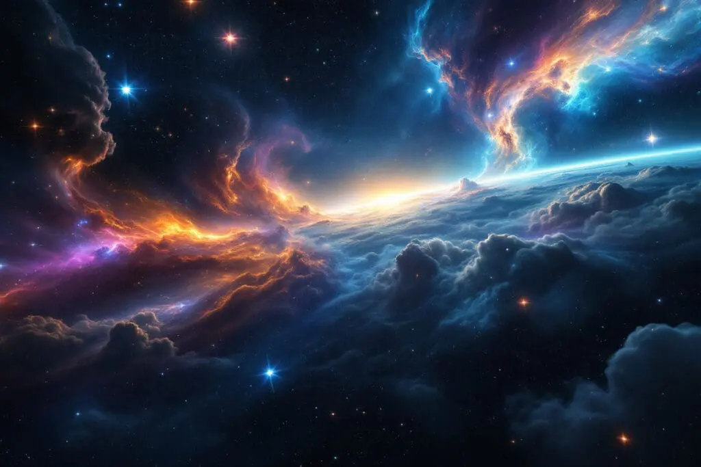 A realistic wide angle image showing the difference between cosmos and space with vibrant structured nebulae in the foreground against an endless dark empty void