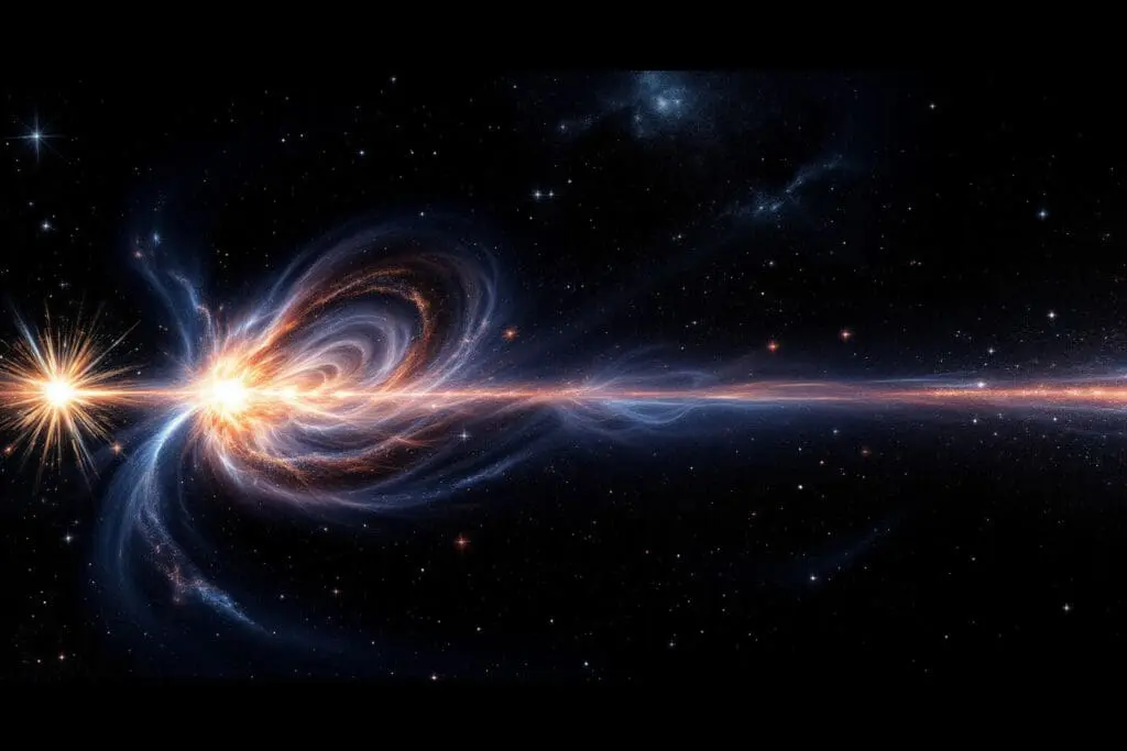 A scientific visualization of the origin and fate of the universe depicting the Big Bang on one side transitioning across space and time into a cold dark void on the other