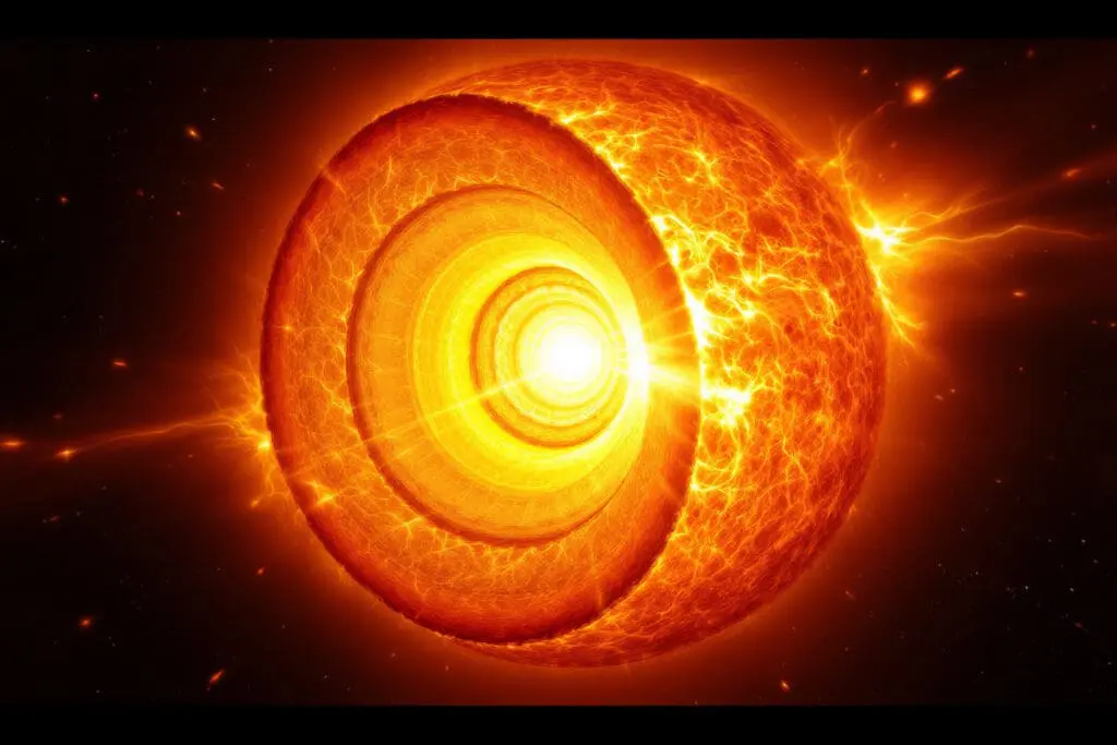 A scientific visualization showing how astrophysics explains stars displaying a photorealistic cutaway of a star that reveals its core radiative zone and convective zone