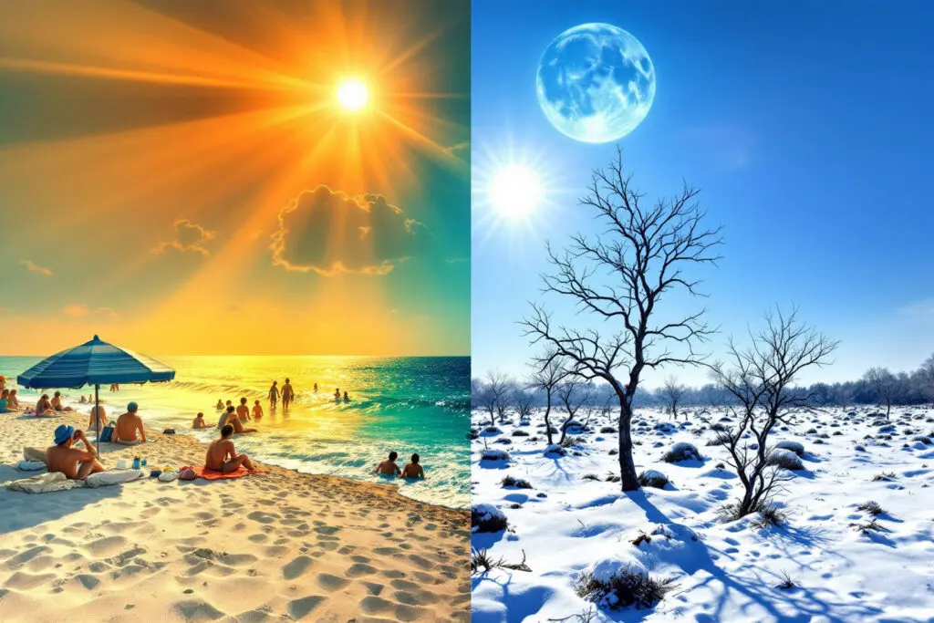 A split image showing a vibrant summer beach and a barren winter landscape with contrasting sun angles illustrating how a solstice changes the seasons A split image showing a vibrant summer beach and a barren winter landscape with contrasting sun angles illustrating how a solstice changes the seasons