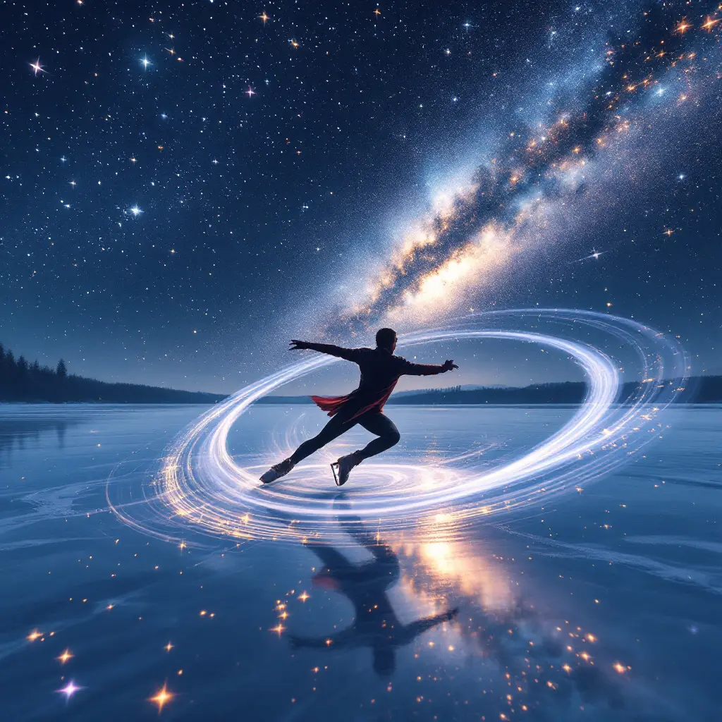 A stunning realistic image of an ice skater in a fast spin on a frozen lake under stars illustrating the principle of angular momentum in space