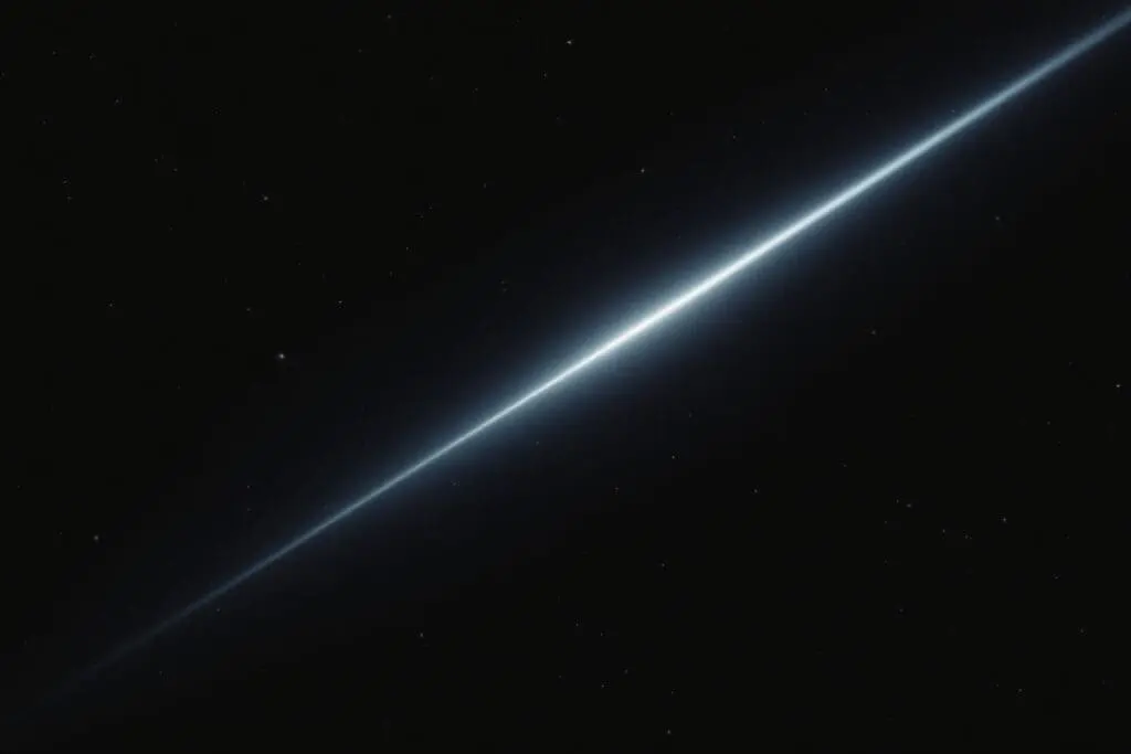 A subtle conceptual image of a single beam of shimmering white light traveling through space hinting at the true nature of light in space
