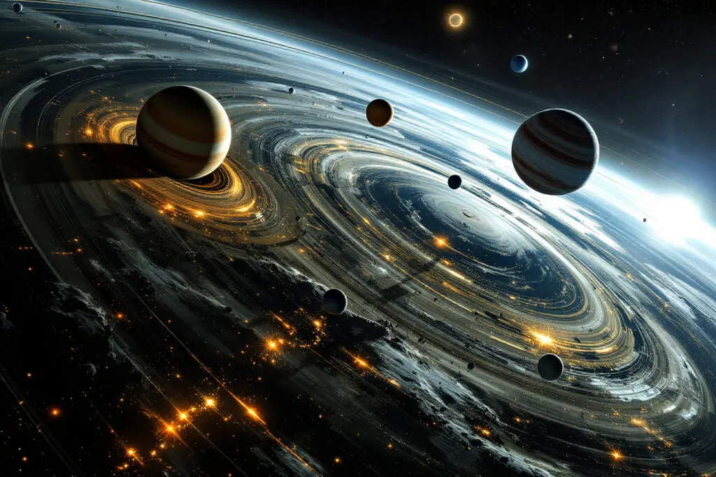 A wide angle realistic image of the solar system showing planets in a flat plane with Pluto distinctively on a steeply tilted orbit illustrating the orbital inclination of Pluto