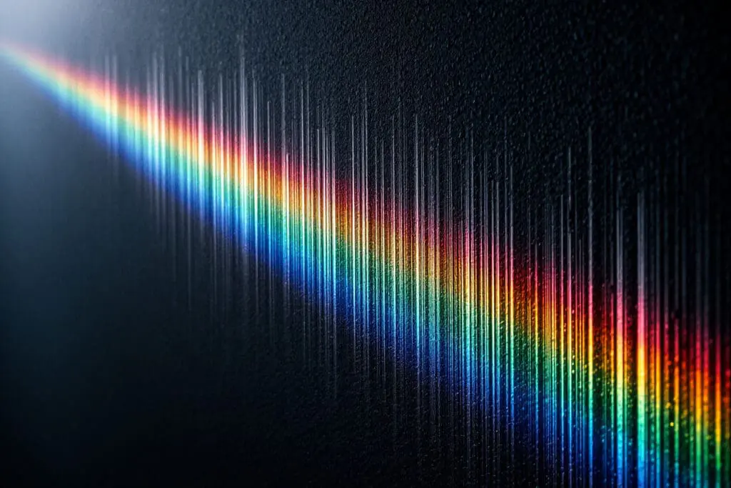 An artistic close up photo of a subtle rainbow spectrum projected on a wall with faint dark lines suggesting what a light spectrum tells us