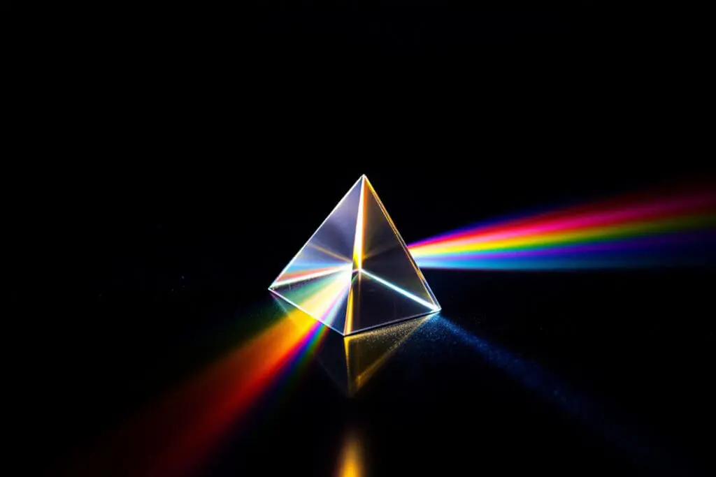 An artistic realistic image of a glass prism splitting a beam of white light into a full rainbow showing what a light spectrum tells us