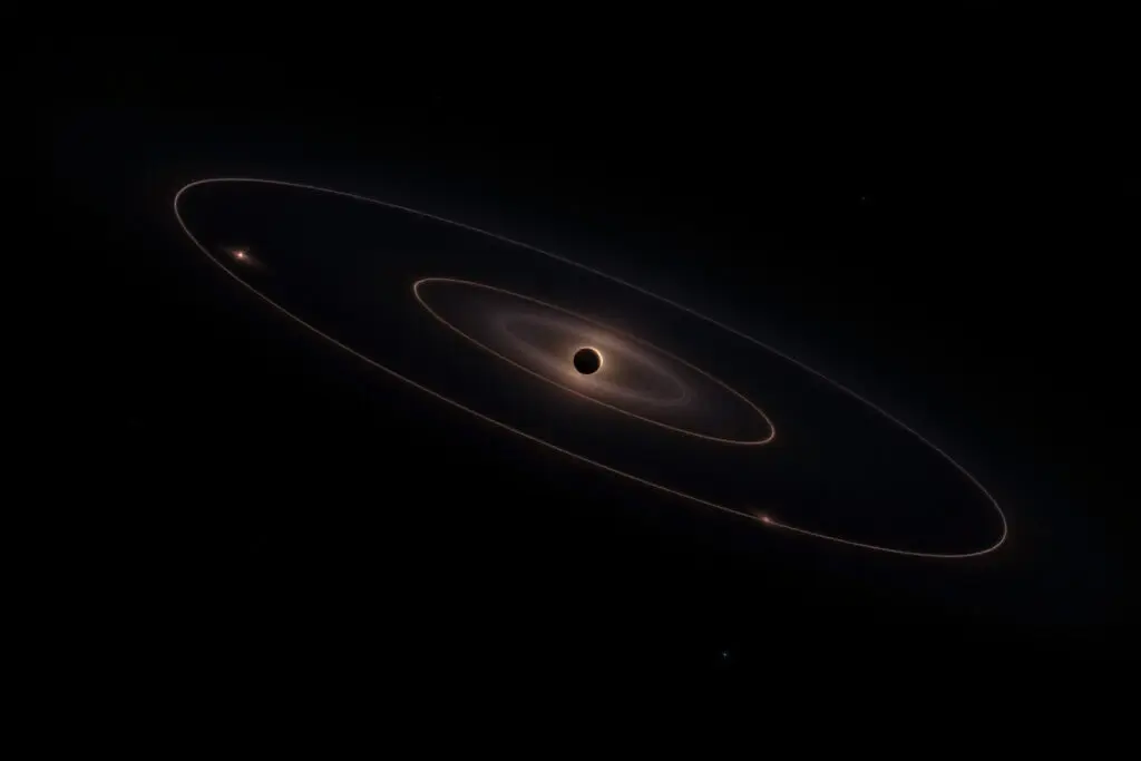 An elegant realistic image of a planet tracing a precise elliptical orbit around a star visually representing how celestial mechanics predict orbits