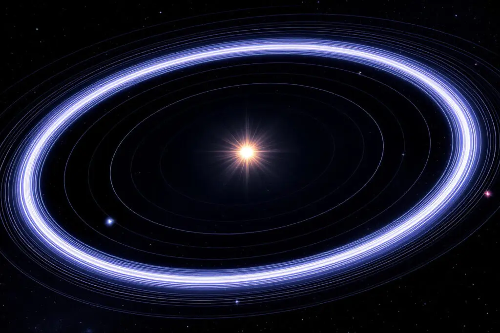 An illustrative realistic image comparing a near circular orbit with a highly stretched elliptical orbit around a star showing how orbital eccentricity shapes orbits