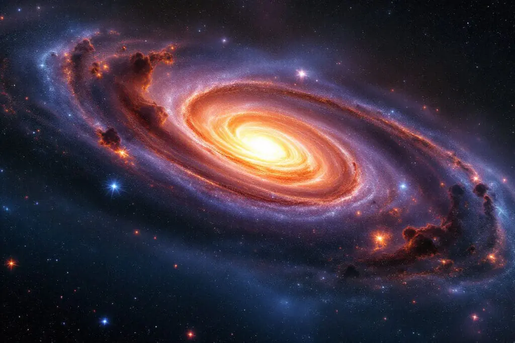 An image illustrating the difference between cosmos and space showing an ordered detailed galaxy the cosmos set against the vast empty blackness that contains it space
