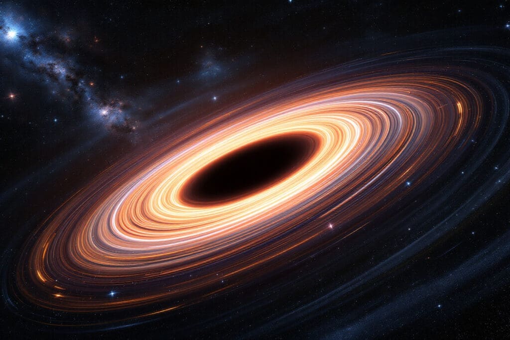A dramatic realistic image of a supermassive black holes accretion disk with visibly warped and arced background stars showing how gravity shapes the universe