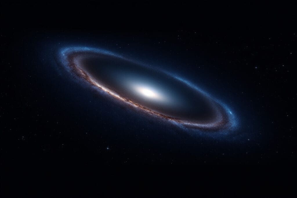 A high-resolution realistic image of the Andromeda Galaxy appearing with a distinct blue tint visually answering when does blueshift happen as it approaches