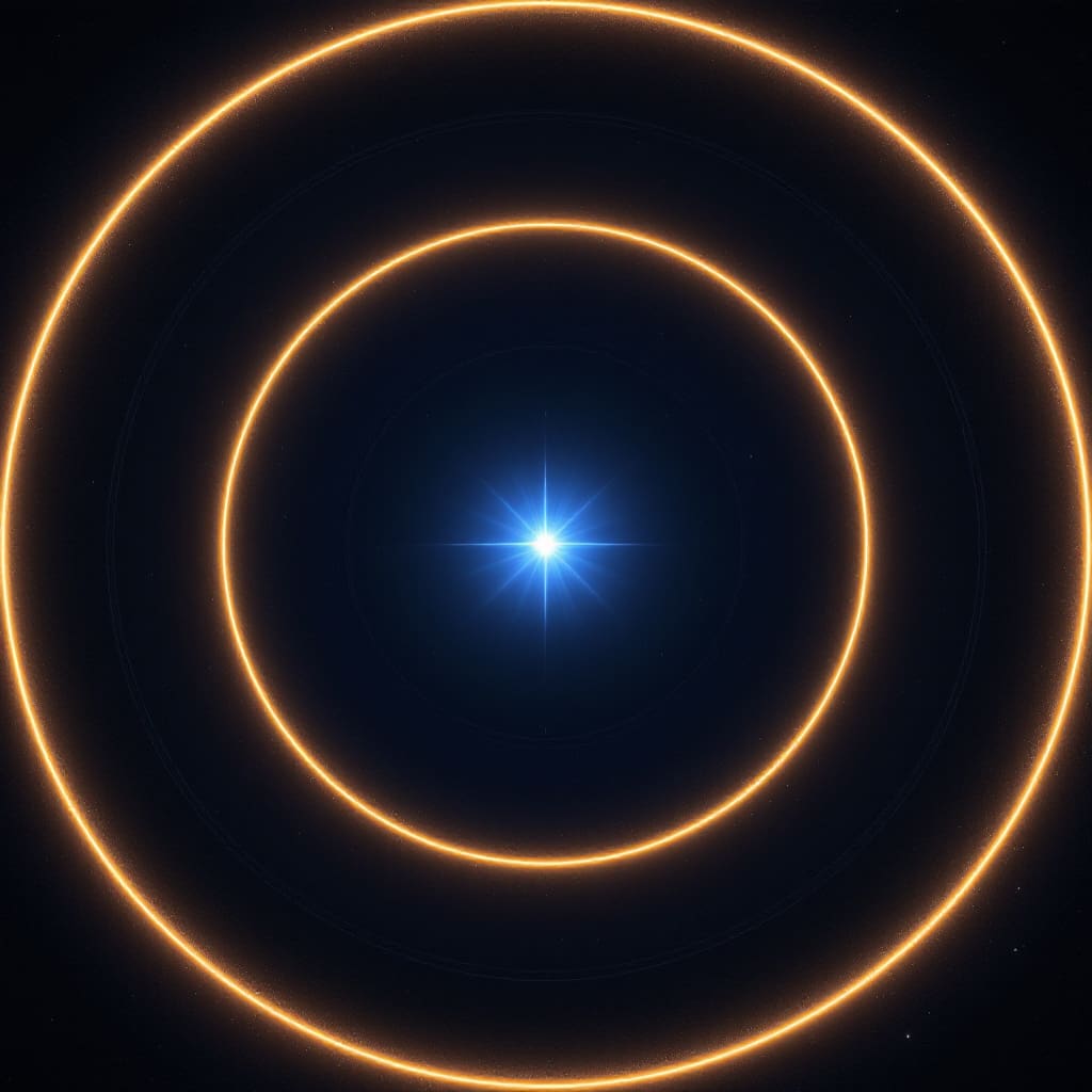 A minimalist realistic image showing three distinct glowing orbitscircular slightly elliptical and highly elongatedaround a star demonstrating how orbital eccentricity shapes orbits