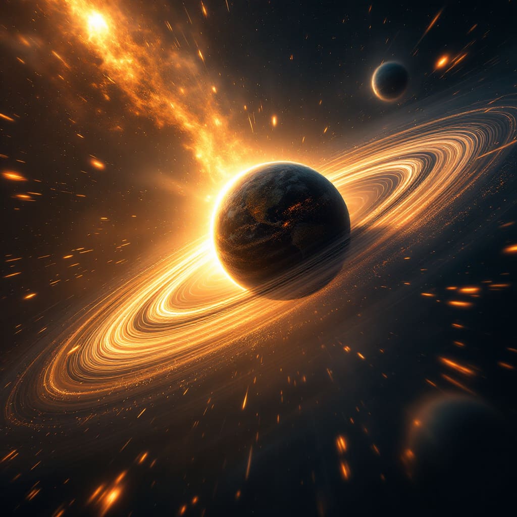 A powerful realistic image of a planet moving rapidly within the gravitational well of the Sun visually explaining why dont planets fall into the sun