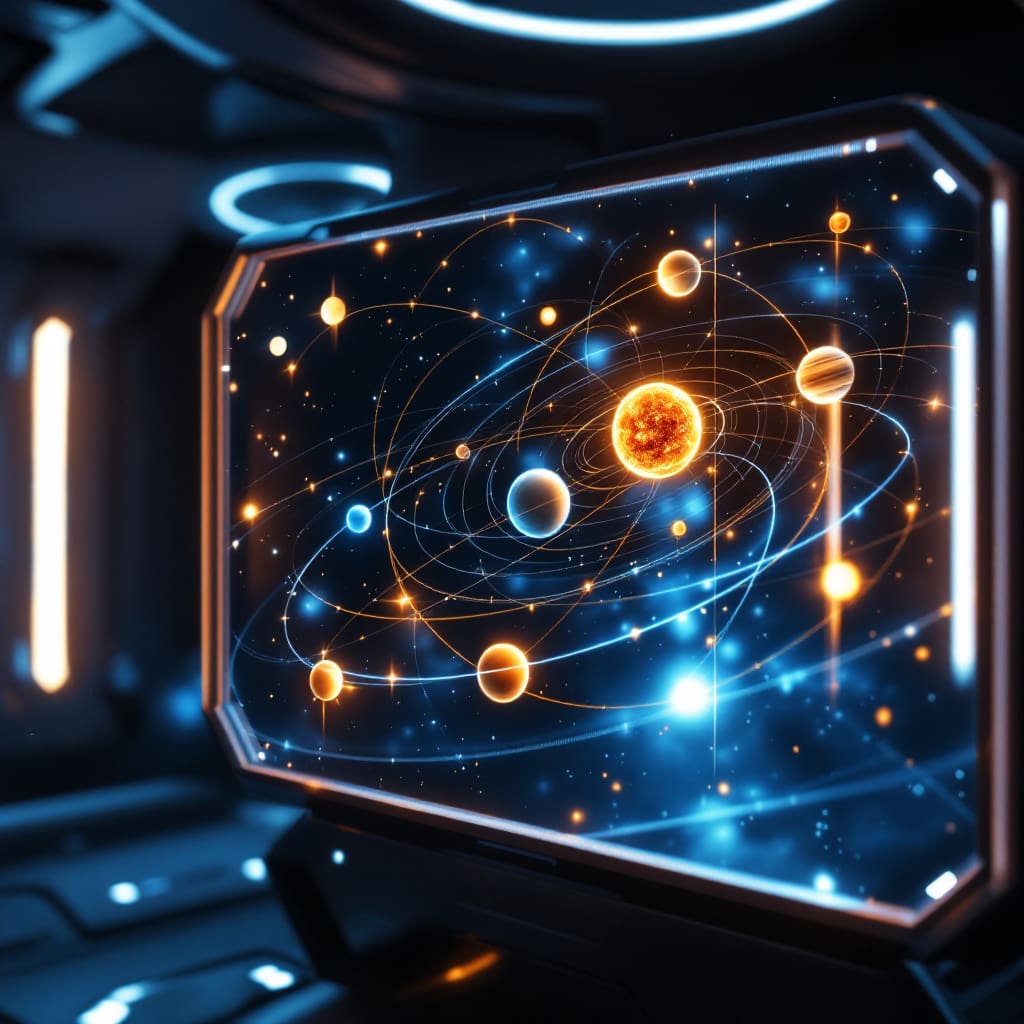 A realistic image of a futuristic simulation screen showing precise glowing orbital paths of celestial bodies illustrating how celestial mechanics predict orbits