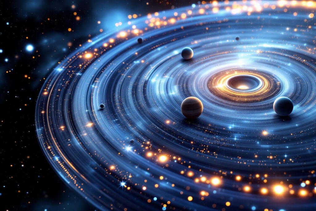 A realistic image of small planets orbiting smoothly within the flat plane of a spinning cosmic dust disc visually explaining why planets follow the ecliptic