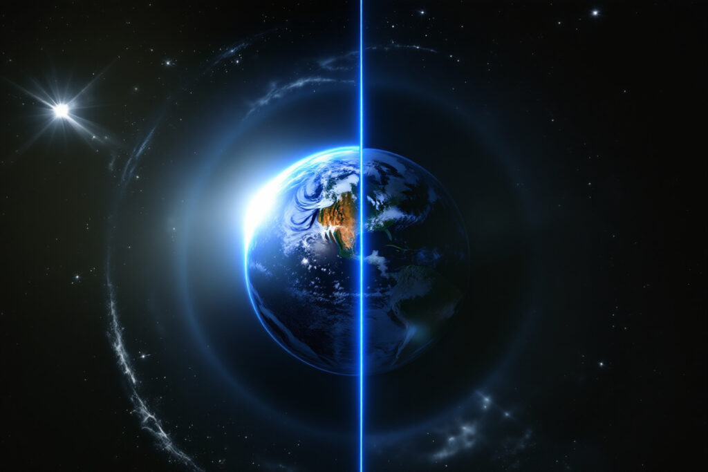 A realistic image of the Earth at two orbital points where the daynight line is perfectly vertical showing why an equinox happens twice a year
