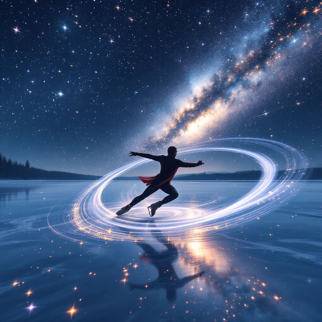 A stunning realistic image of an ice skater in a fast spin on a frozen lake under stars illustrating the principle of angular momentum in space