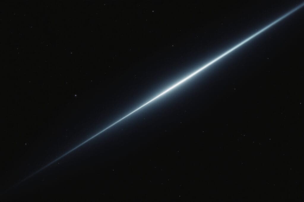 A subtle conceptual image of a single beam of shimmering white light traveling through space hinting at the true nature of light in space