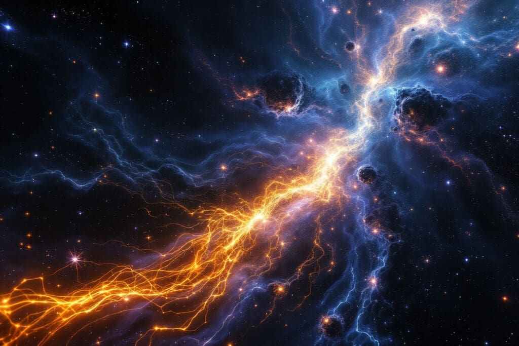 A sweeping realistic vista of the early universe showing primordial gas coalescing into vast filaments with proto-galaxies illustrating how cosmology explains our origin