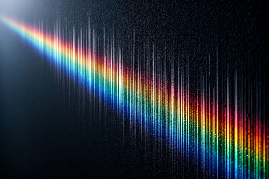 An artistic close-up photo of a subtle rainbow spectrum projected on a wall with faint dark lines suggesting what a light spectrum tells us